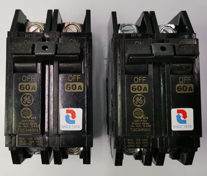 GE 60A Circuit Breaker 2 Pole black electrical breakers with orange and white labels