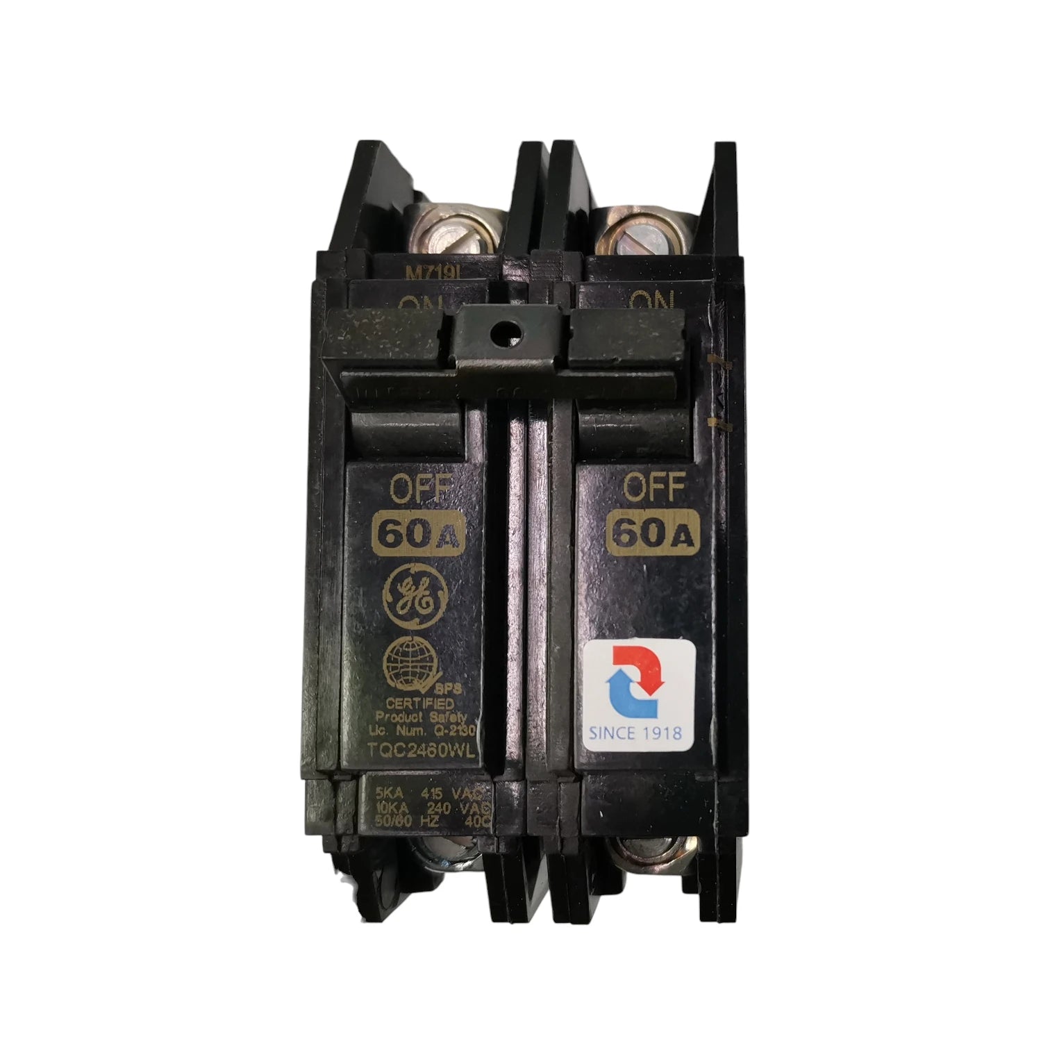 GE 60A Circuit Breaker 2 Pole TQC2460WL with ON/OFF switches for electrical safety