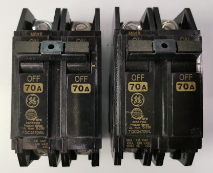 GE circuit breaker 70A 2 Pole Single Phase Bolt-on 220V with off switches and electrical ratings