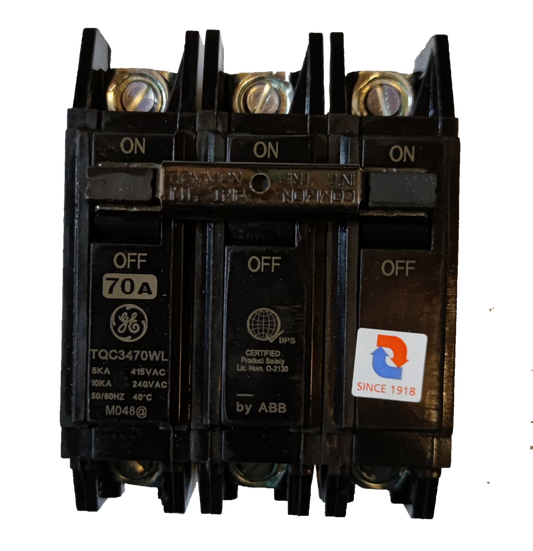 GE 70A Circuit Breaker 3 Pole black electrical breaker with ON OFF switches and metal connector