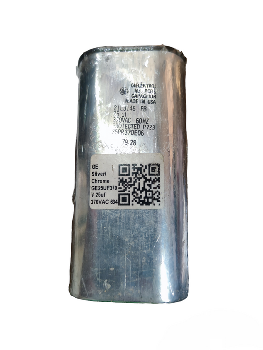GE electrical capacitor silver chrome 25uf 370VAC for circuitry and parts replacement