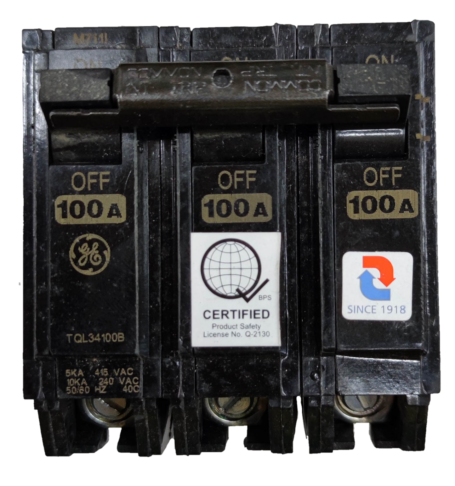 GE circuit breaker 15 amp 3 pole in black with labeled settings for electrical safety and reliability