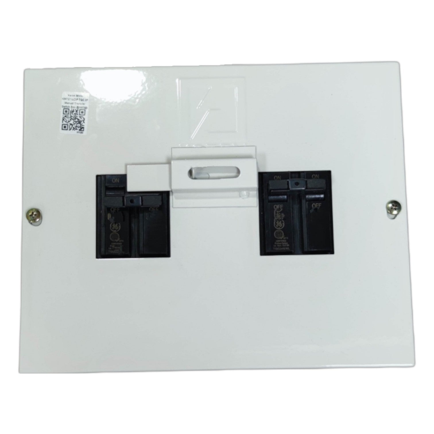 GE Koten electrical switchgear panel with two circuit breaker slots and a protective cover