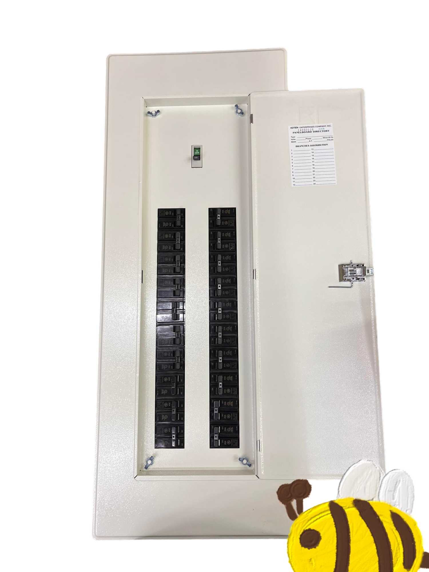 GE Panel Board 250A 2Pole 250SPS with multiple circuit breakers and open door in white metal enclosure