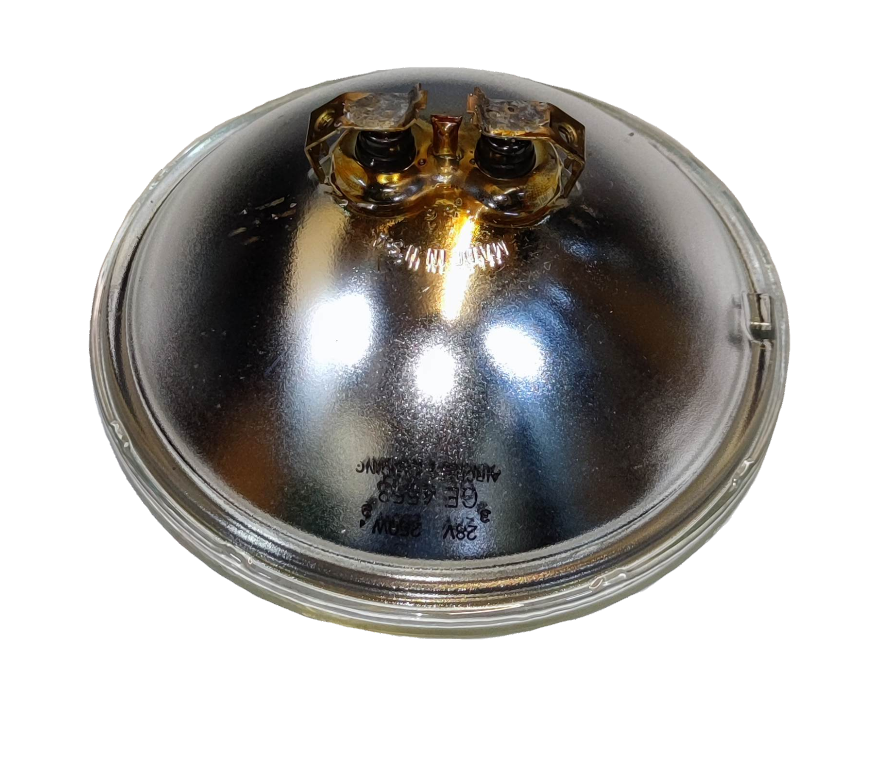 GE sealed beam spotlight 28V 250W with a reflective silver dome for bright lighting