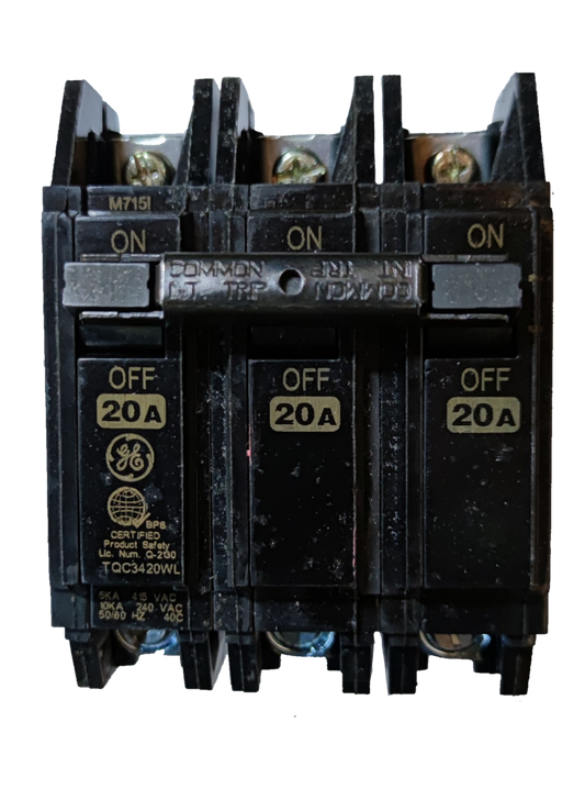GE TQC 20A 3P Bolt On Circuit Breakers black three pole bolt on 20A breaker with ON OFF toggles