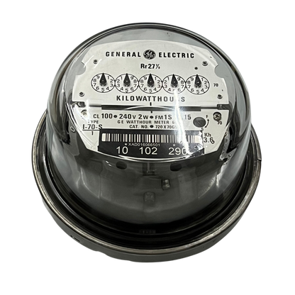 GE General Electric glass dome kilowatt hour meter 2 Wire CL100 I70-S 4 Jaws Analog Meter top view on black