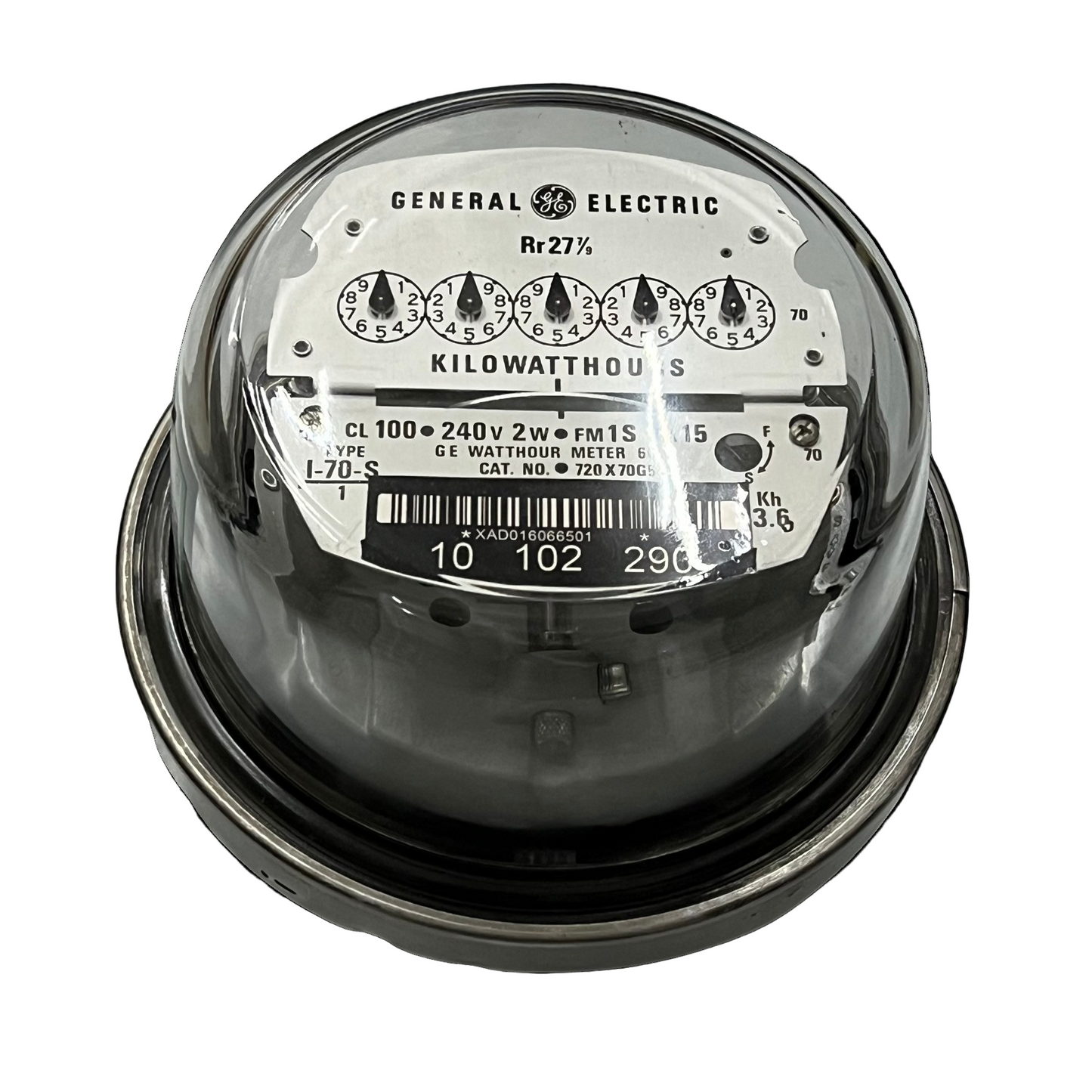 GE General Electric glass dome kilowatt hour meter 2 Wire CL100 I70-S 4 Jaws Analog Meter top view on black