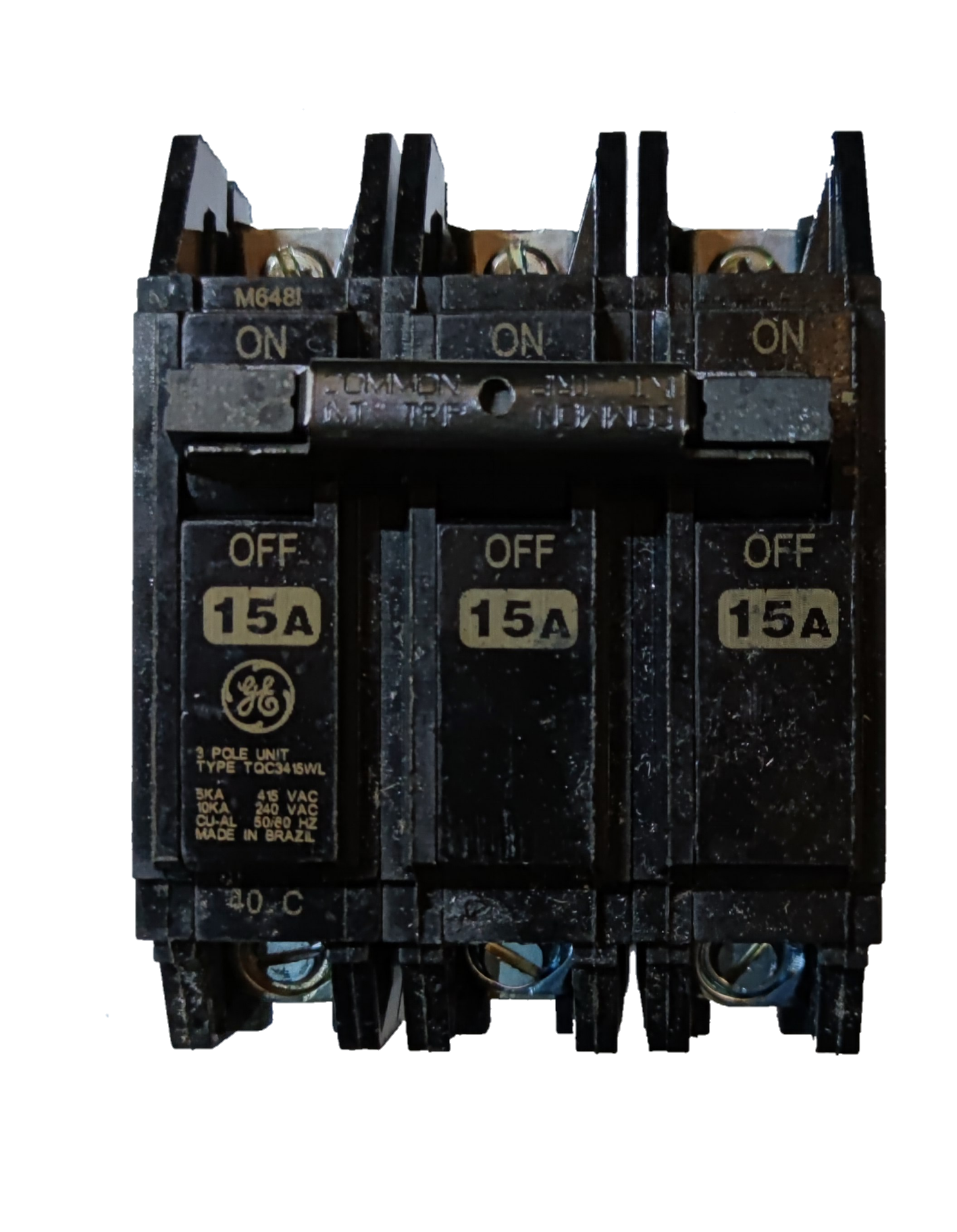 GE 15A 3 Pole Circuit Breaker black three pole breaker with ON OFF switches and 15A labels for panels