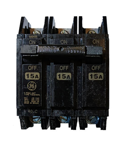 GE 15A 3 Pole Circuit Breaker black three pole breaker with ON OFF switches and 15A labels for panels