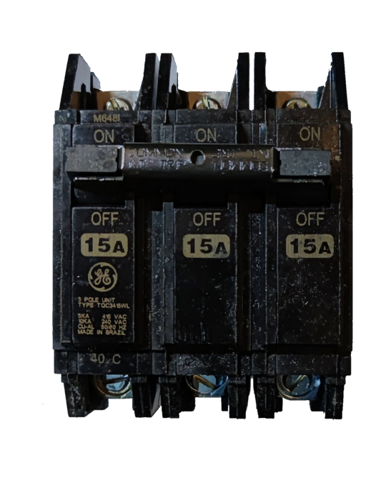 GE 15A 3 Pole Circuit Breaker black three pole breaker with ON OFF switches and 15A labels for panels