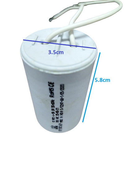 Syscap 10MFD Motor Running Capacitor white cylindrical electrical part with wires and dimensions