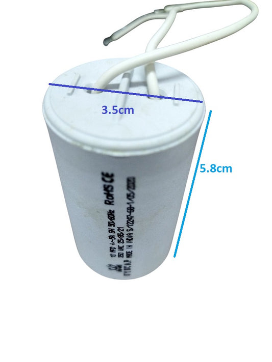 Syscap 10MFD Motor Running Capacitor white cylindrical electrical part with wires and dimensions