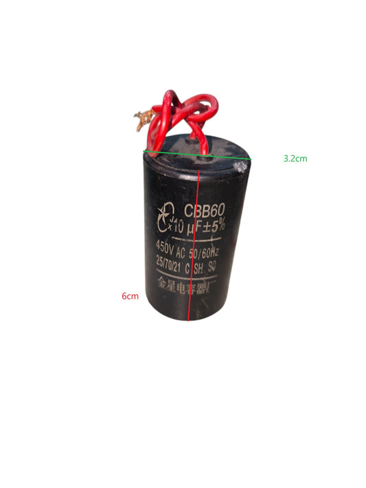 CBB 10uF 450V capacitor with red wires for electrical circuitry and parts
