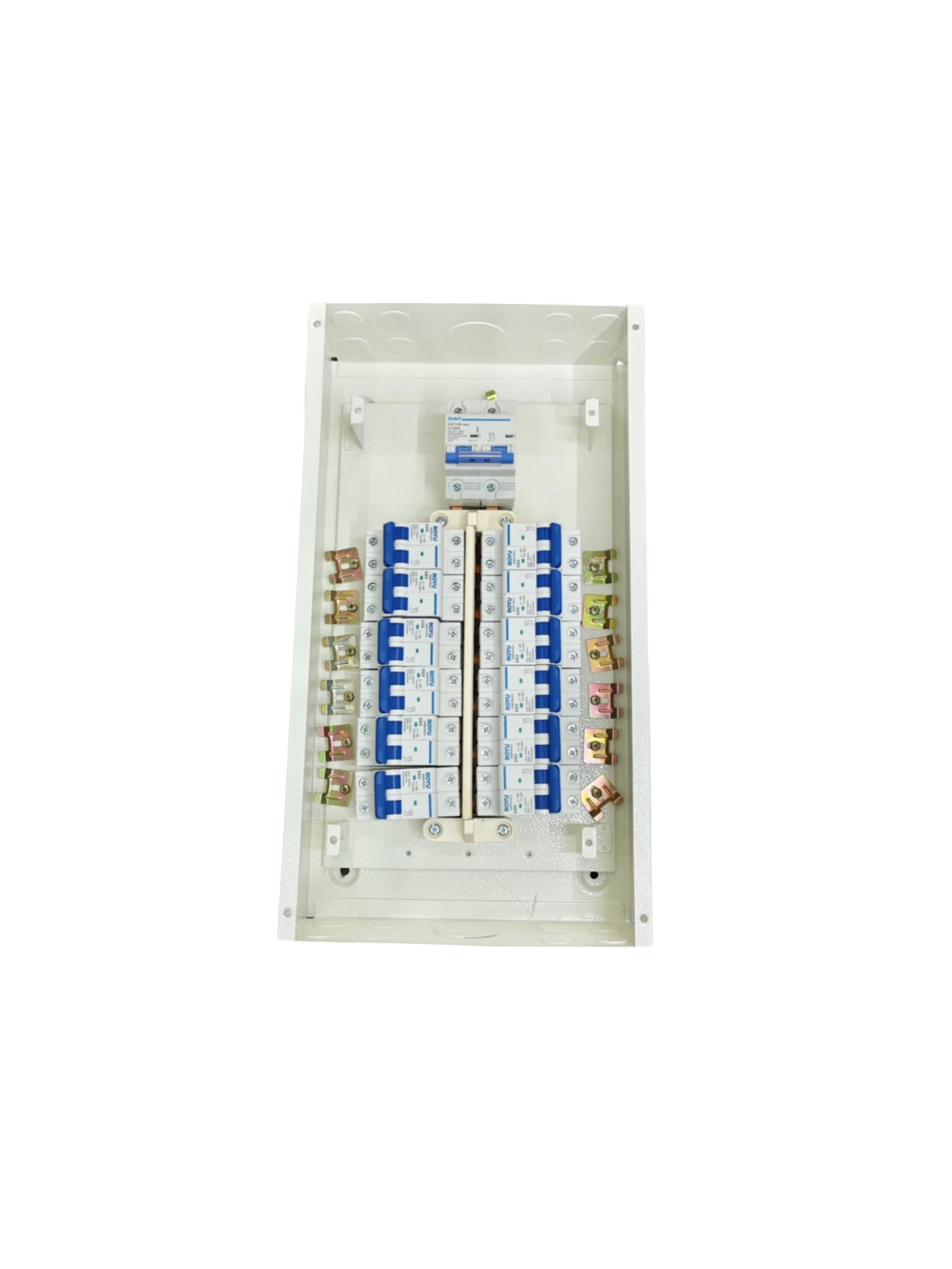 125A 2 pole panel board electrical circuitry and parts by Chint, Koten, and Royu with multiple circuit breakers