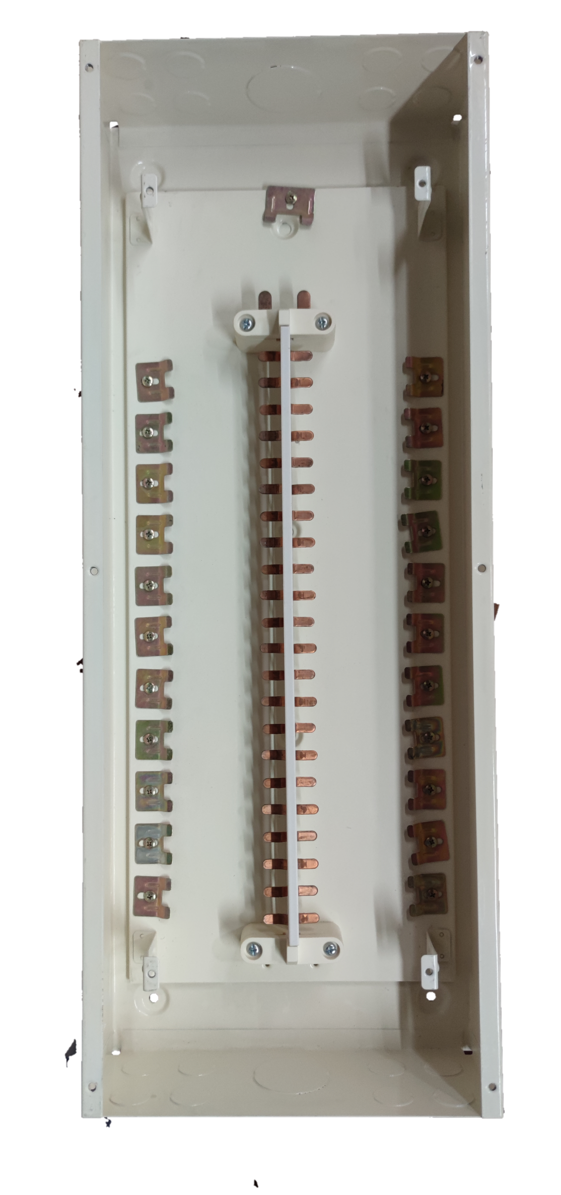 Royu 125A panel board 2 pole electrical circuitry and parts with metal connectors inside white rectangular casing