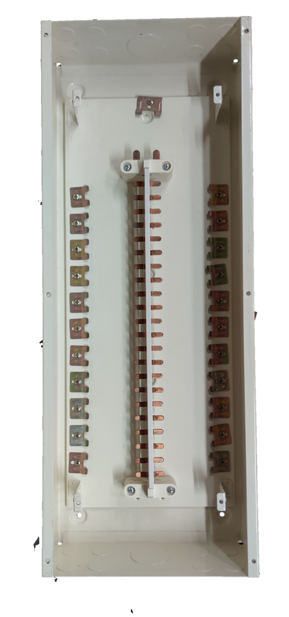 Royu 125A panel board 2 pole electrical circuitry and parts with metal connectors inside white rectangular casing