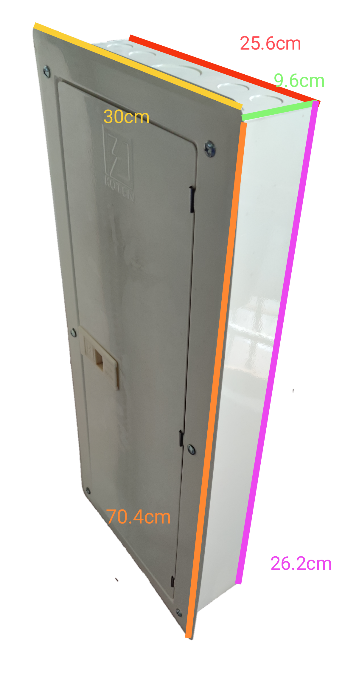 Royu 125A panel board 2 pole electrical enclosure with dimensions shown in centimeters