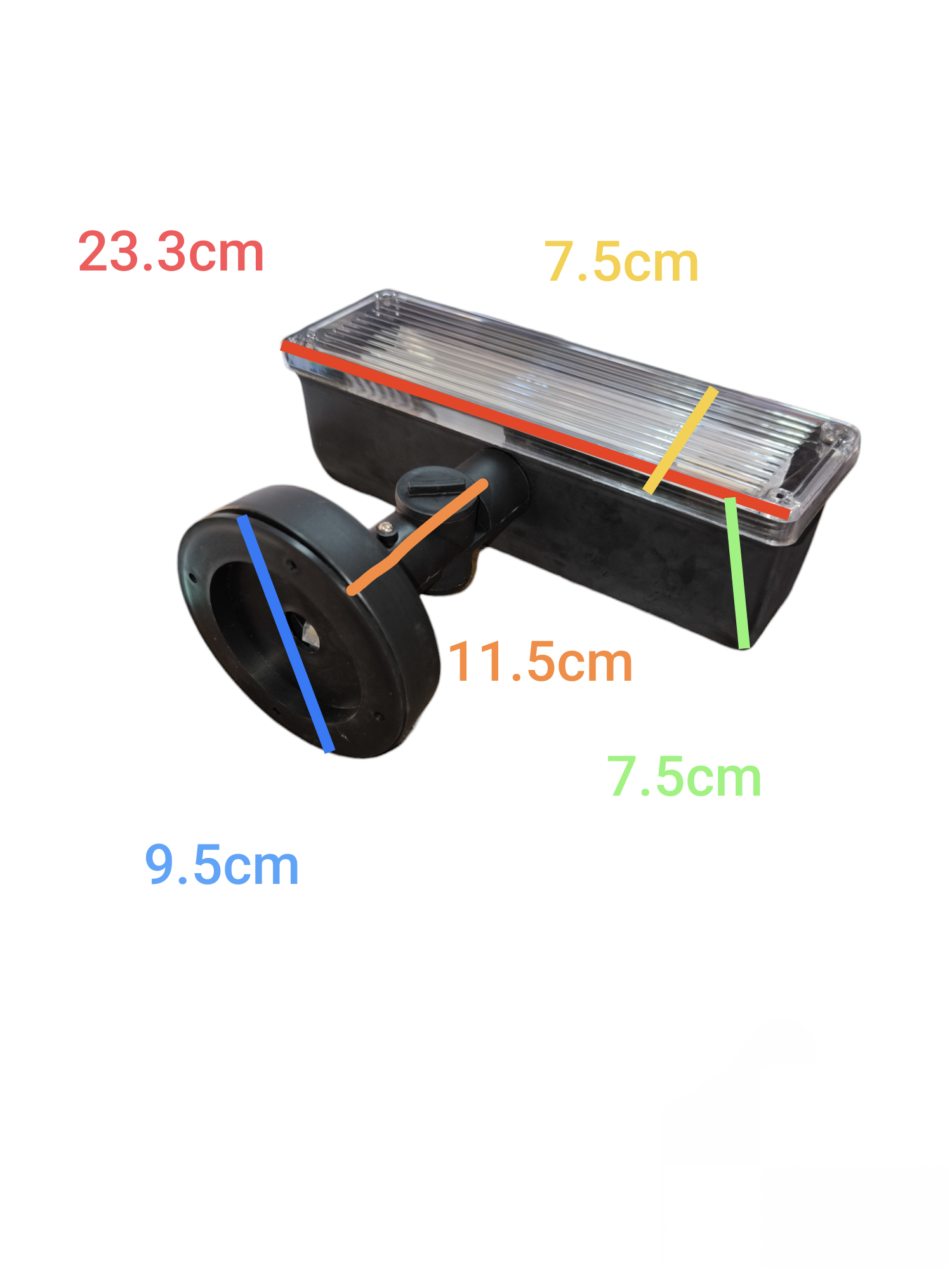 13W CFL outdoor lamp with rectangular clear cover and black base measuring 23.3cm by 7.5cm