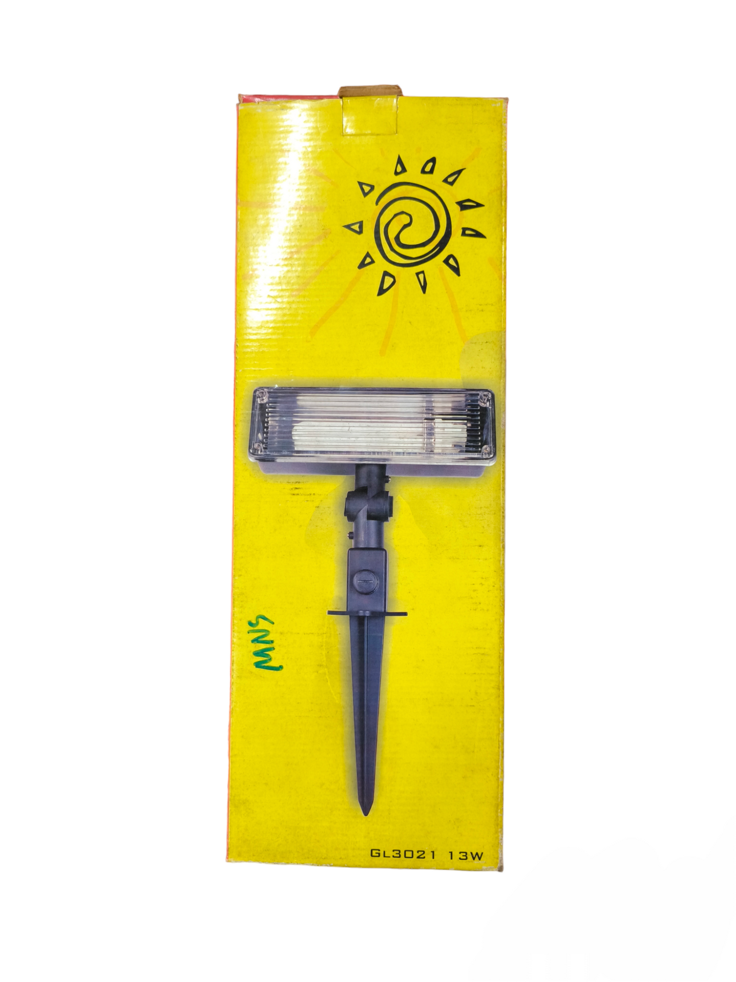 13W CFL outdoor lamp in packaging with yellow background and sun illustration for garden lighting