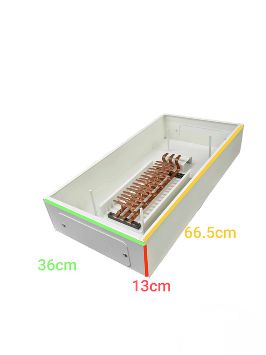 14 branch electrical panel with copper busbar and dimensions 36cm by 66.5cm by 13cm for electrical circuitry
