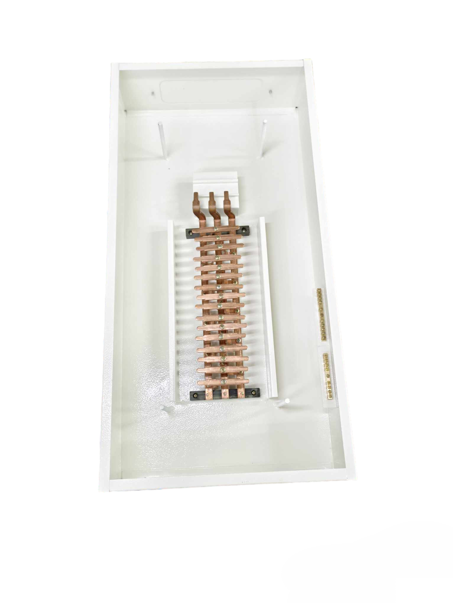 14 branch electrical panel with copper bus bars inside white plastic casing from Himel Schneider Koten