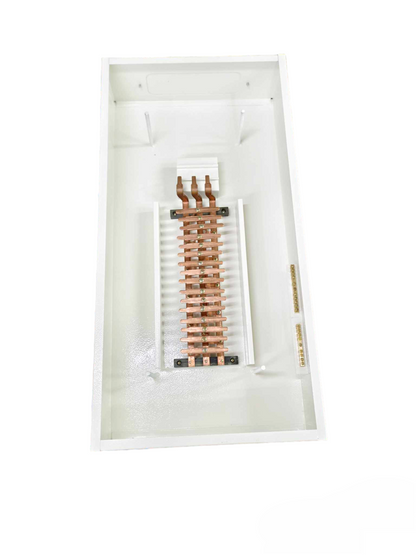 14 branch electrical panel with copper bus bars inside white plastic casing from Himel Schneider Koten