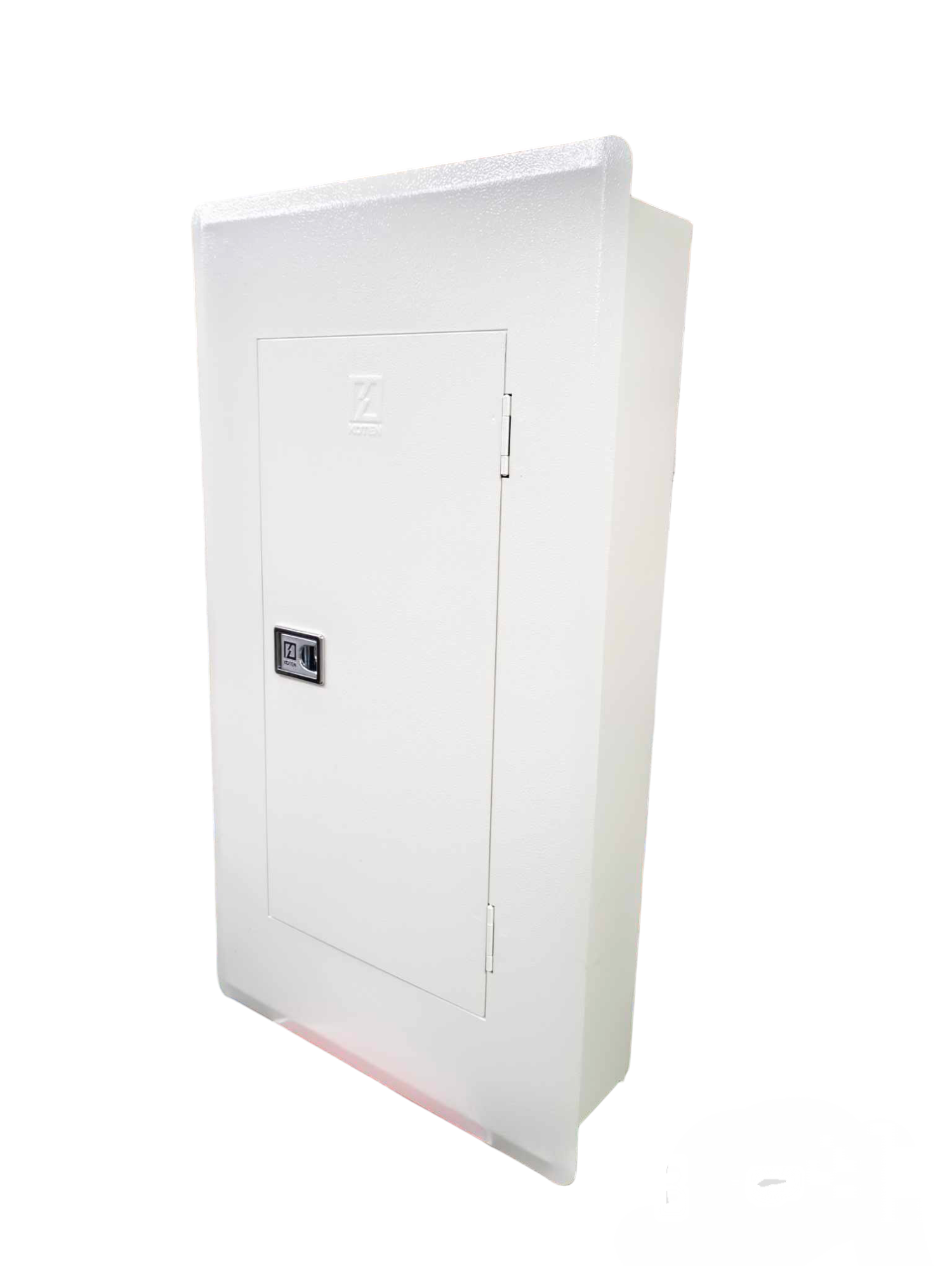 White 14 branch electrical panel with secure door and latch for electrical circuitry and parts