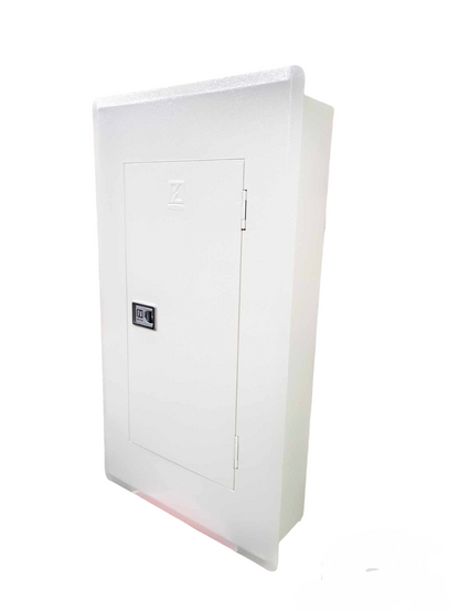 White 14 branch electrical panel with secure door and latch for electrical circuitry and parts