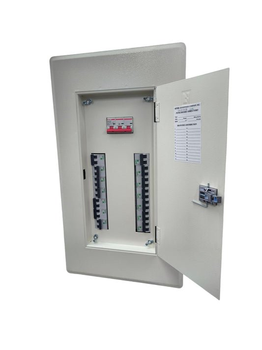 14 branch electrical panel with open door showing circuit breakers by Himel Schneider and Koten