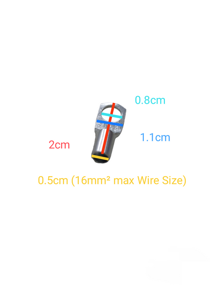 Sassin 16mm Terminal Lugs with detailed size measurements for electrical wiring applications