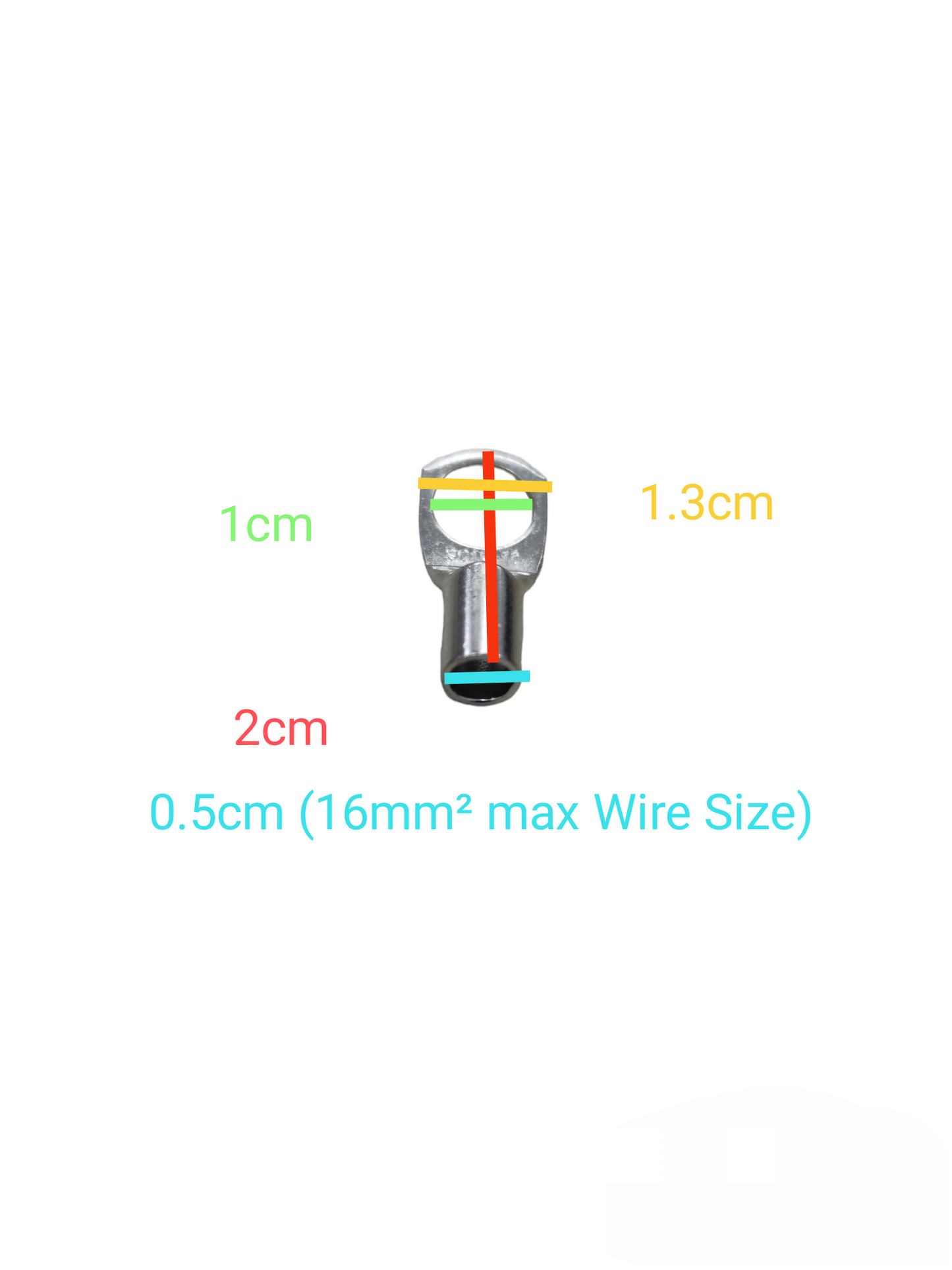 Sassin 16mm Terminal Lugs electrical component with precise measurements for wire connections