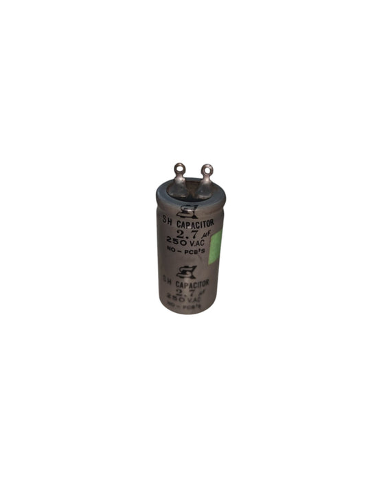 2.7uF 250V AC starting capacitor electrical component with metal casing and terminal pins