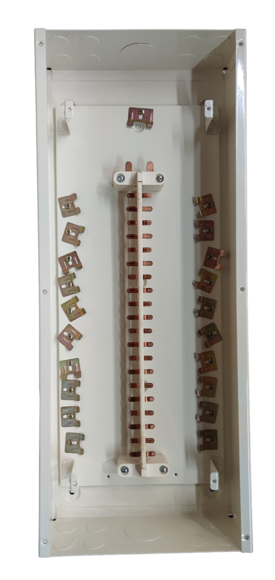 Empty 20 branch circuit panel board with copper bus bars and white metal casing for electrical circuitry