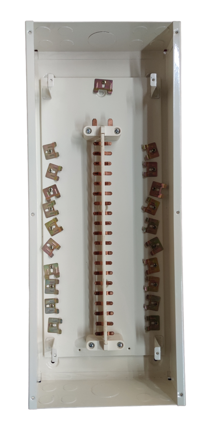 Empty 20 branch circuit panel board with copper bus bars and white metal casing for electrical circuitry