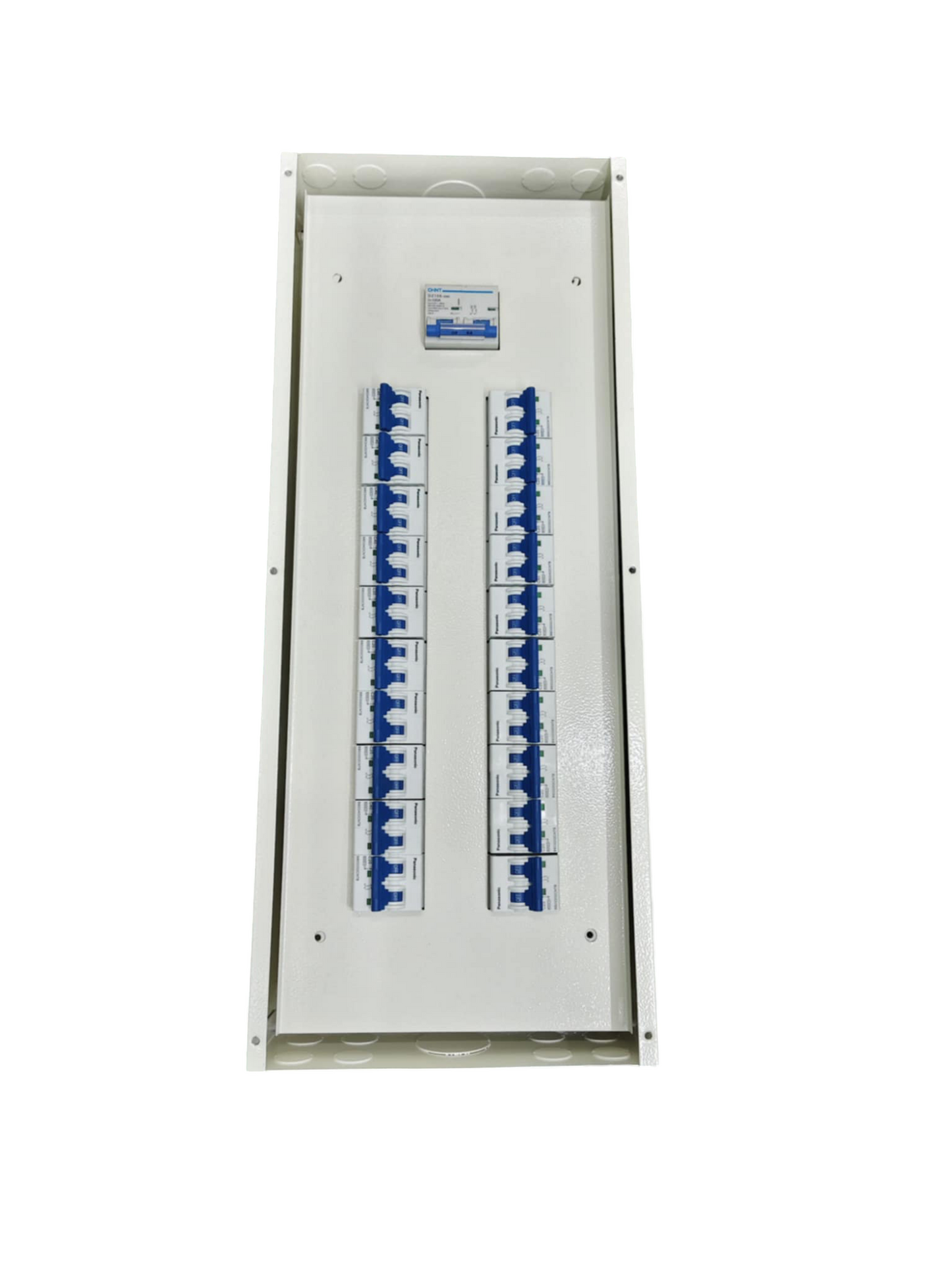 20 branch circuit panel board with multiple blue circuit breakers from Chint Koten and Panasonic