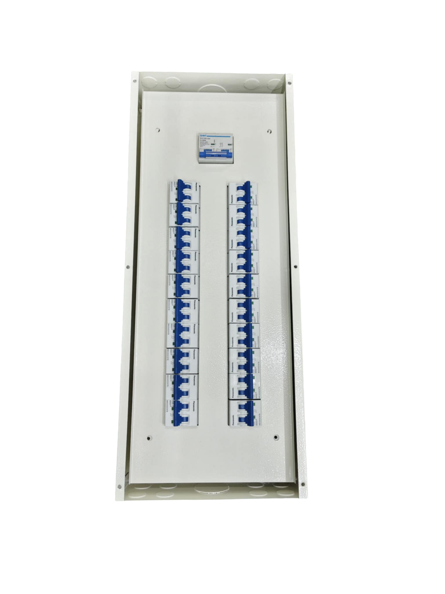 20 branch circuit panel board with multiple blue circuit breakers from Chint Koten and Panasonic