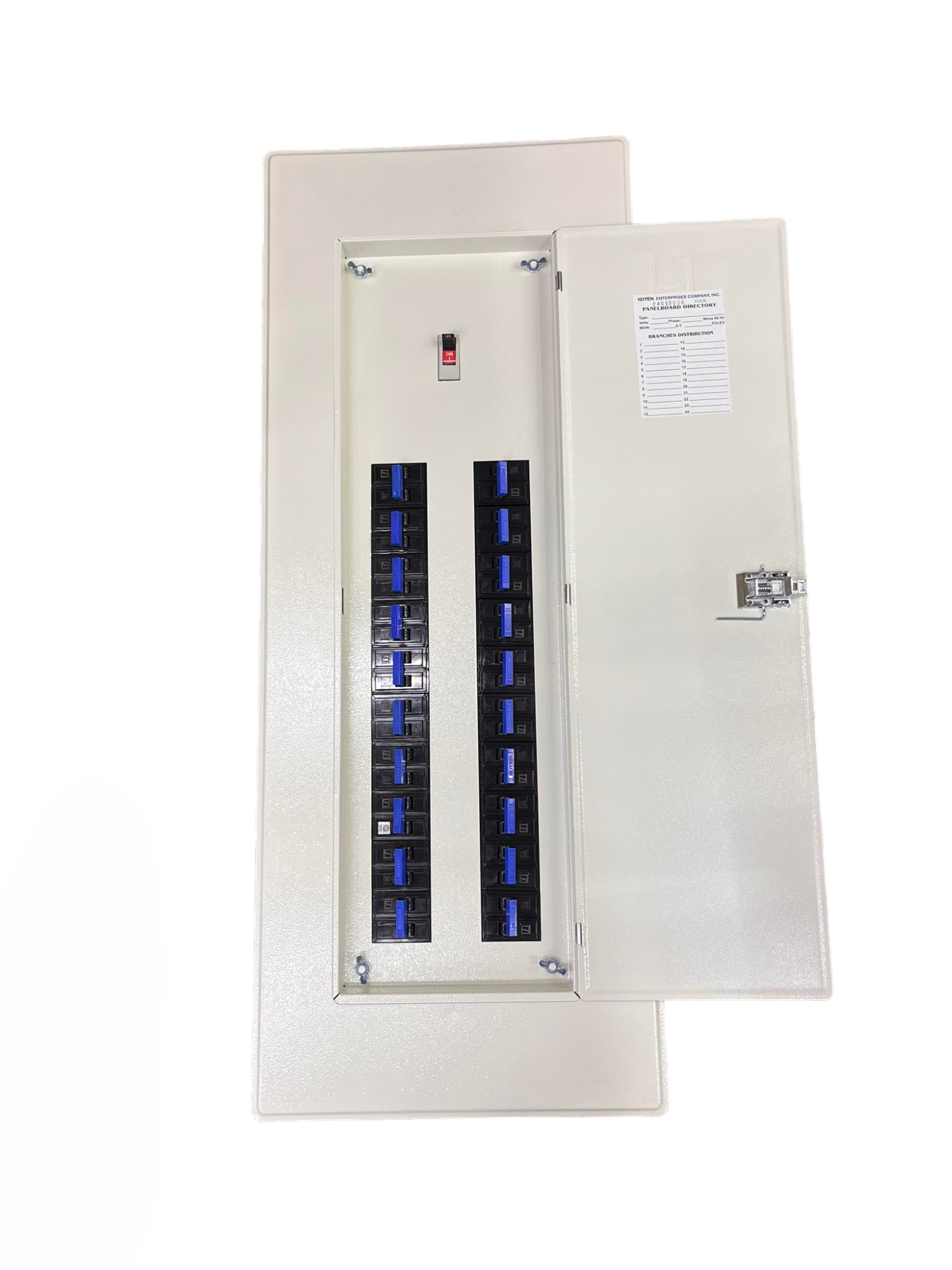 Koten 20 Branches Panel Bolt-on 2P 175A . Beige metal distribution panel with open door showing two rows of circuit breakers