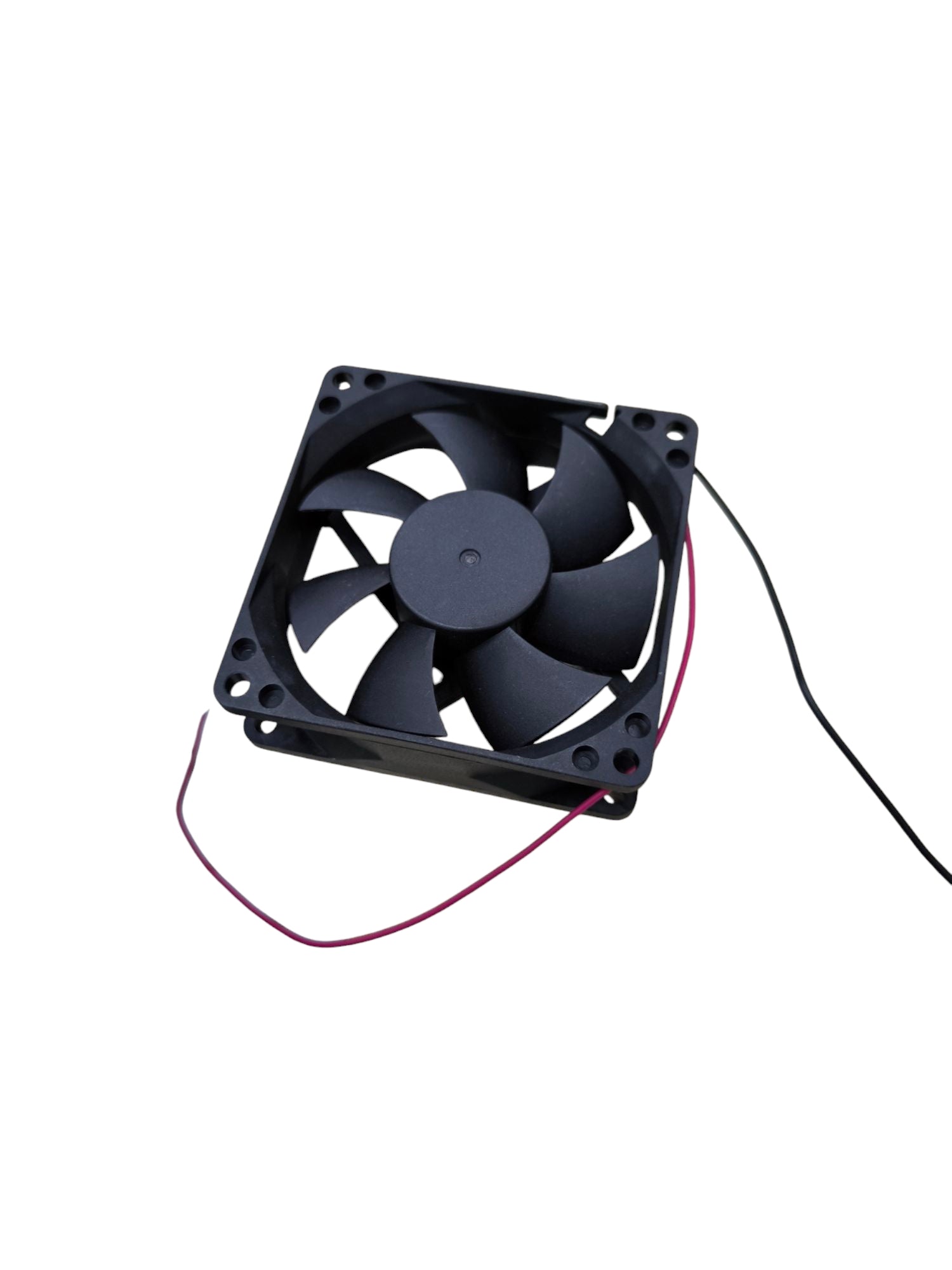 Black 24V DC box fan exhaust fan with seven blades and attached red and black wires