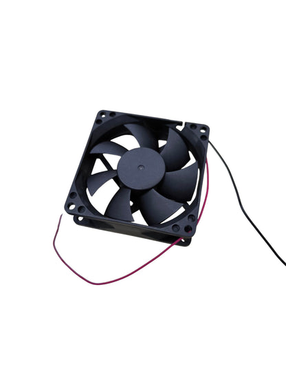 Black 24V DC box fan exhaust fan with seven blades and attached red and black wires