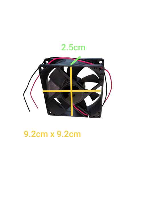 24V DC box fan exhaust fan in black with dimensions 9.2cm by 9.2cm and 2.5cm thickness