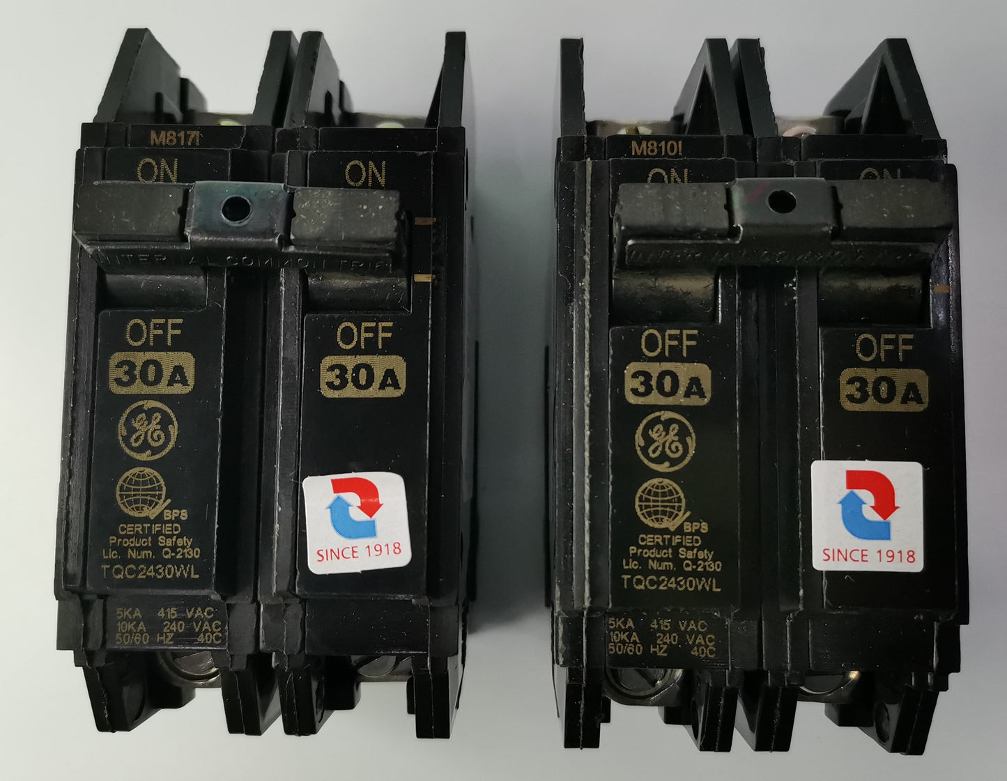 GE 30A Circuit Breaker 2 Pole electrical component with ON OFF switch and certification labels