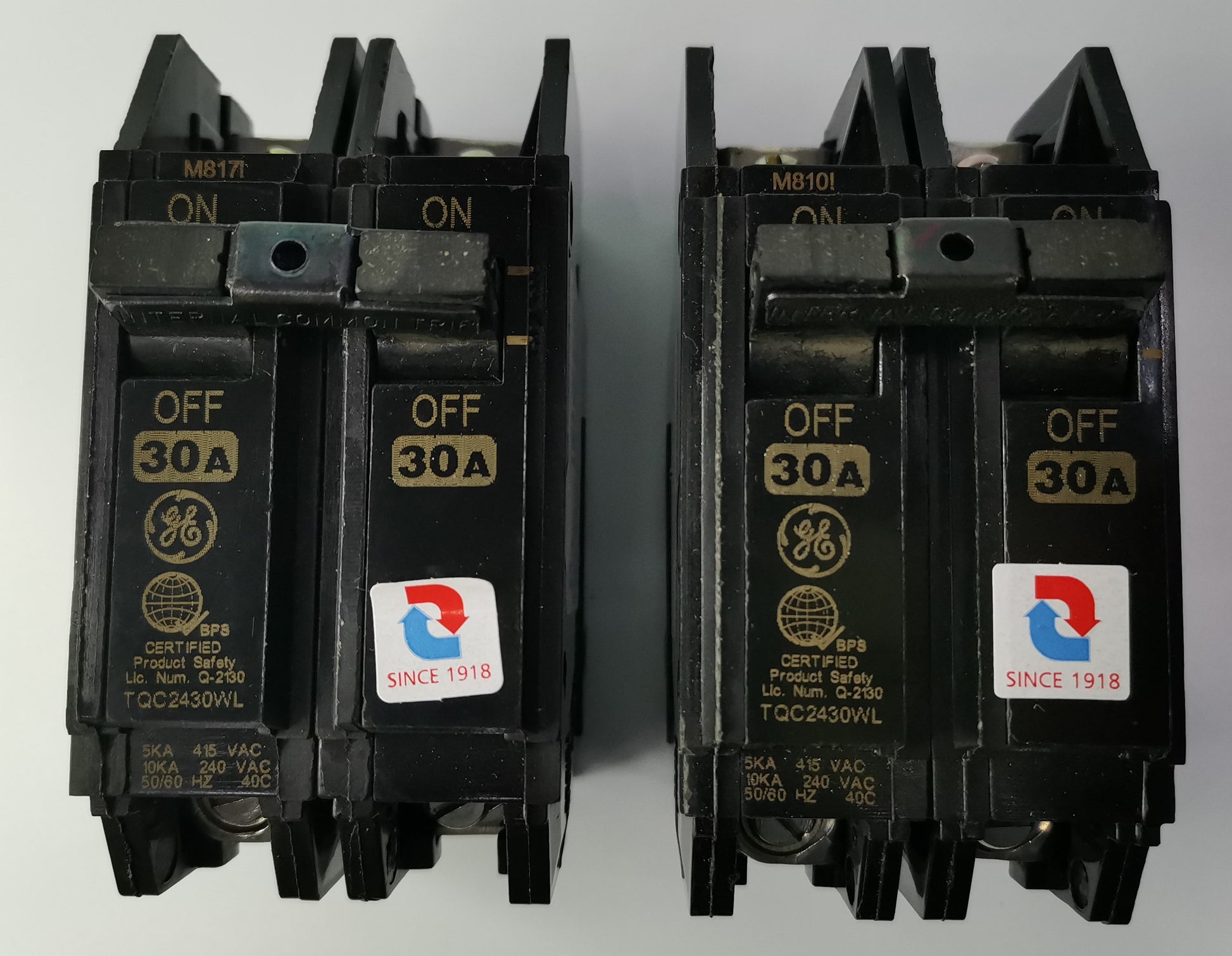 GE 30A Circuit Breaker 2 Pole electrical component with ON OFF switch and certification labels