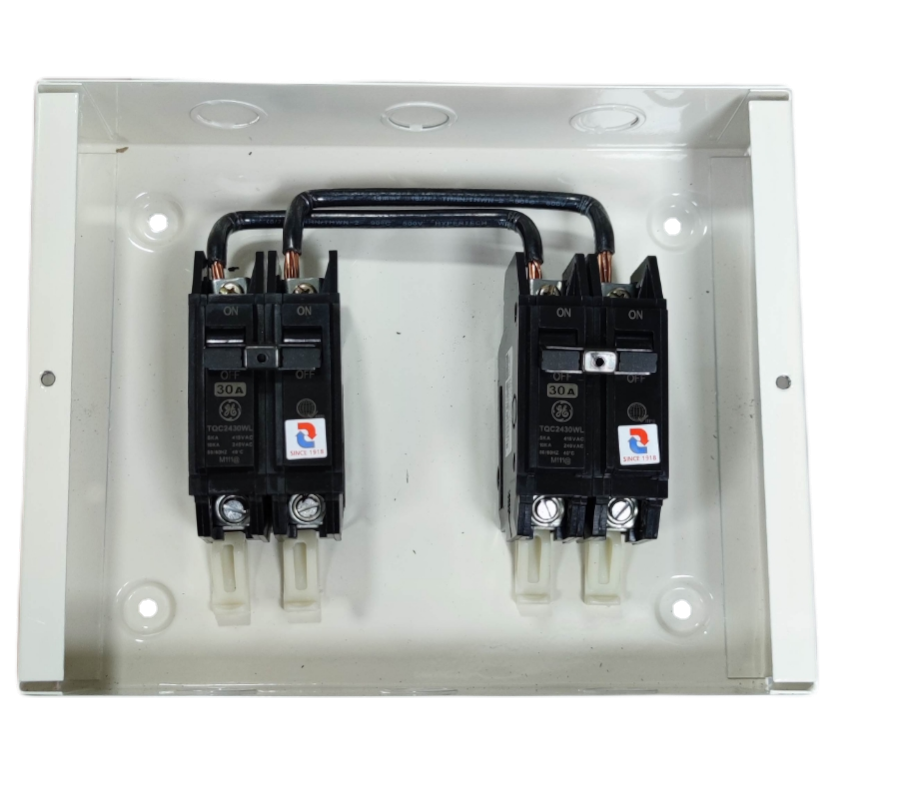 GE and Koten 30A manual transfer switch electrical circuitry with dual circuit breakers in metal enclosure