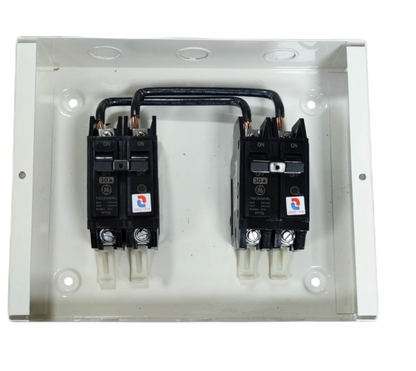 GE and Koten 30A manual transfer switch electrical circuitry with dual circuit breakers in metal enclosure