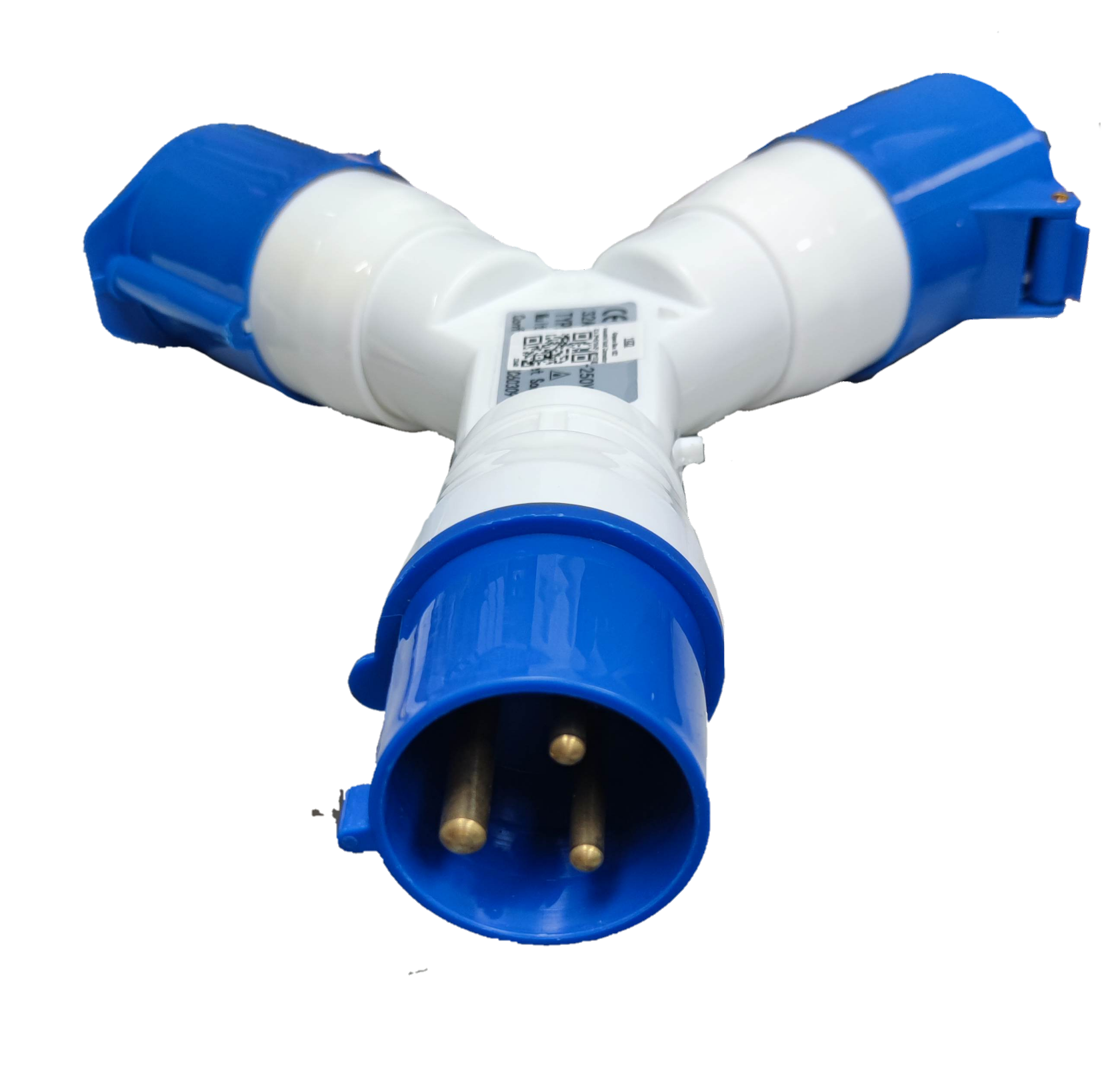 Grippes 32A industrial plug splitter with blue and white design for electrical circuitry use