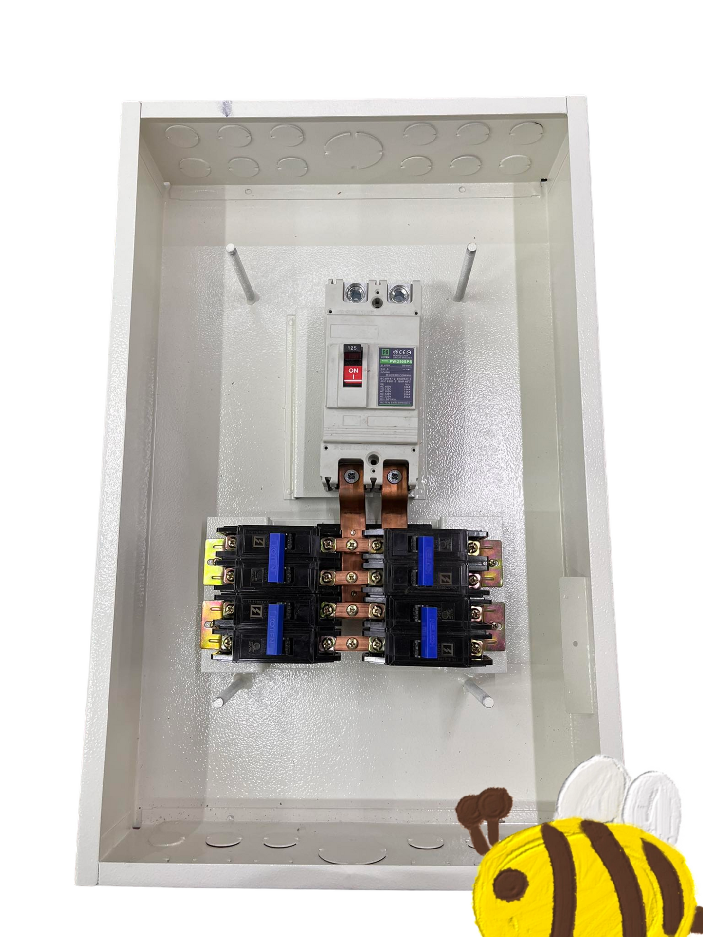 Koten 4 Branches B-On Panel with 125A Main 2 Pole white metal enclosure with copper busbars and four breakers