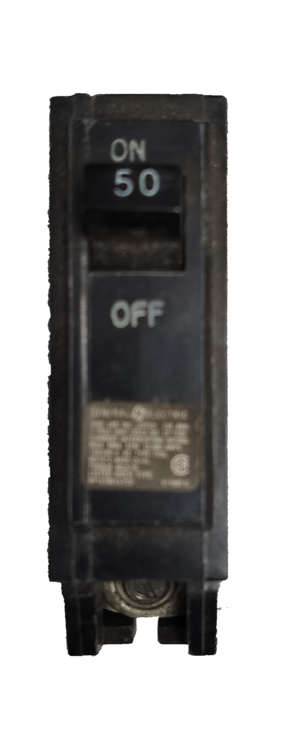 GE 50 amp 1 pole circuit breaker with on off switch for electrical safety and overload protection