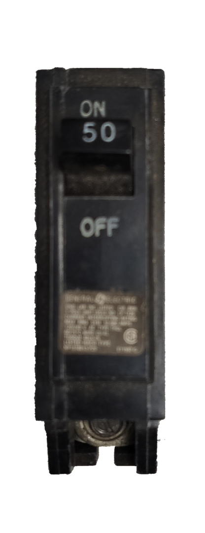 GE 50 amp 1 pole circuit breaker with on off switch for electrical safety and overload protection
