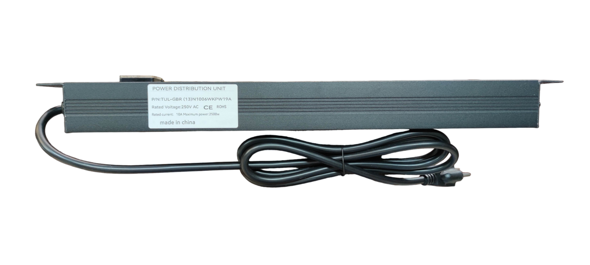 Grippes 6 gang power distribution unit with black metal housing and attached power cord